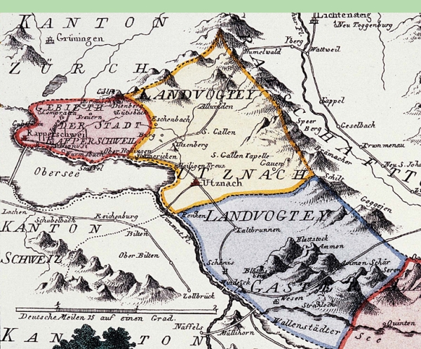 die Ortschaften des Linthgebiets mit der Einteilung der Herrschaftsgebiete vor 1798
